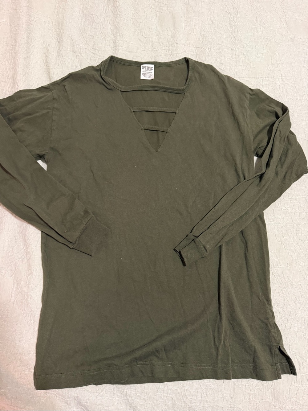 PINK Victoria's Secret Olive Green Long-Sleeve V-Notch Tee